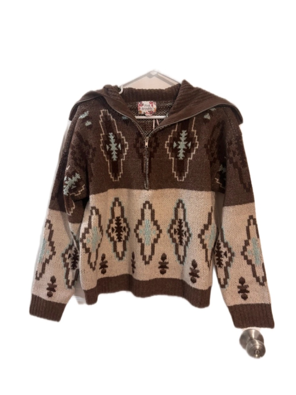 Pink Republic Aztec Half-Zip Cowl Sweater - Brown, Cream & Aqua